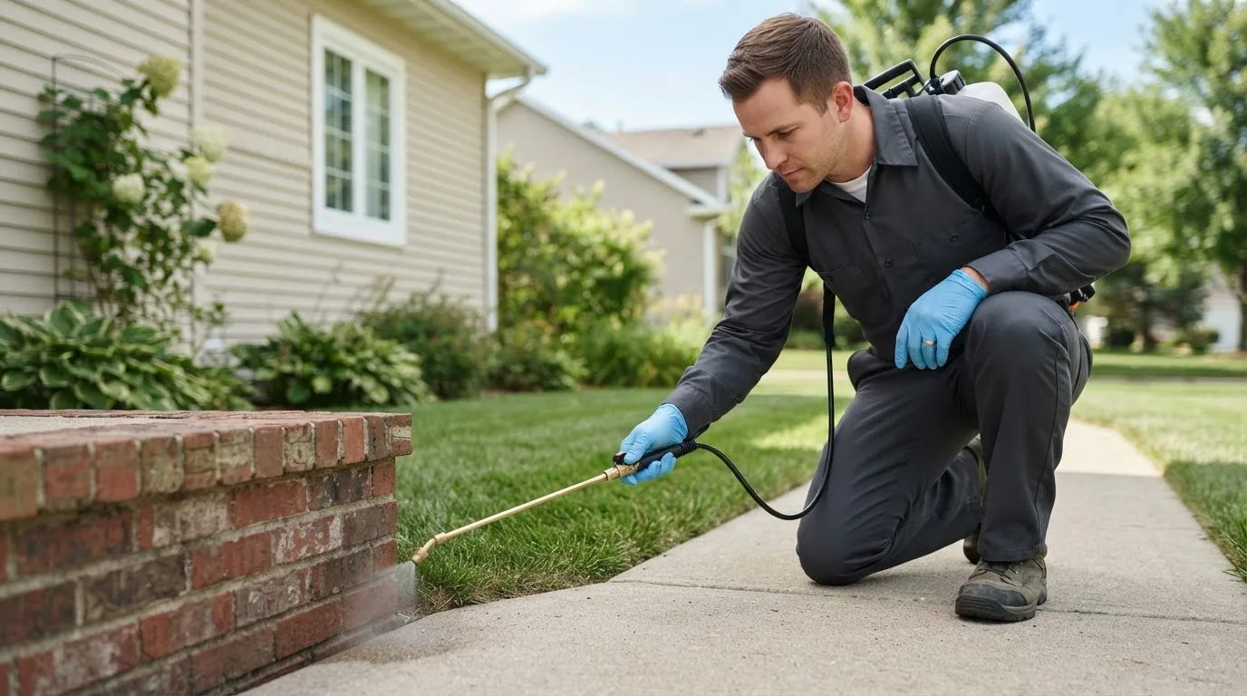 Pest control technician treating a home near Dubuque, IA