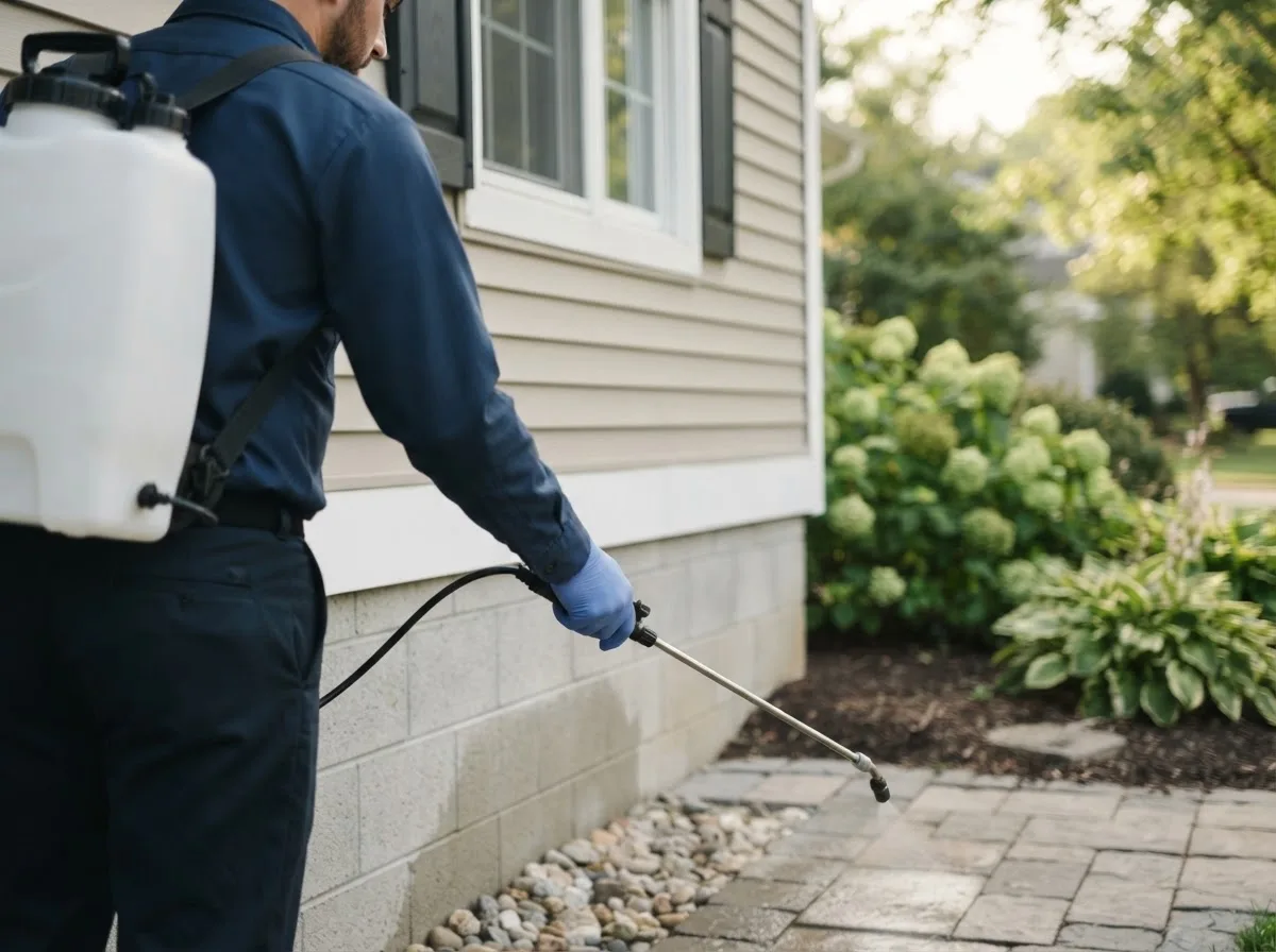 Pest control technician inspecting a home in Dubuque, IA